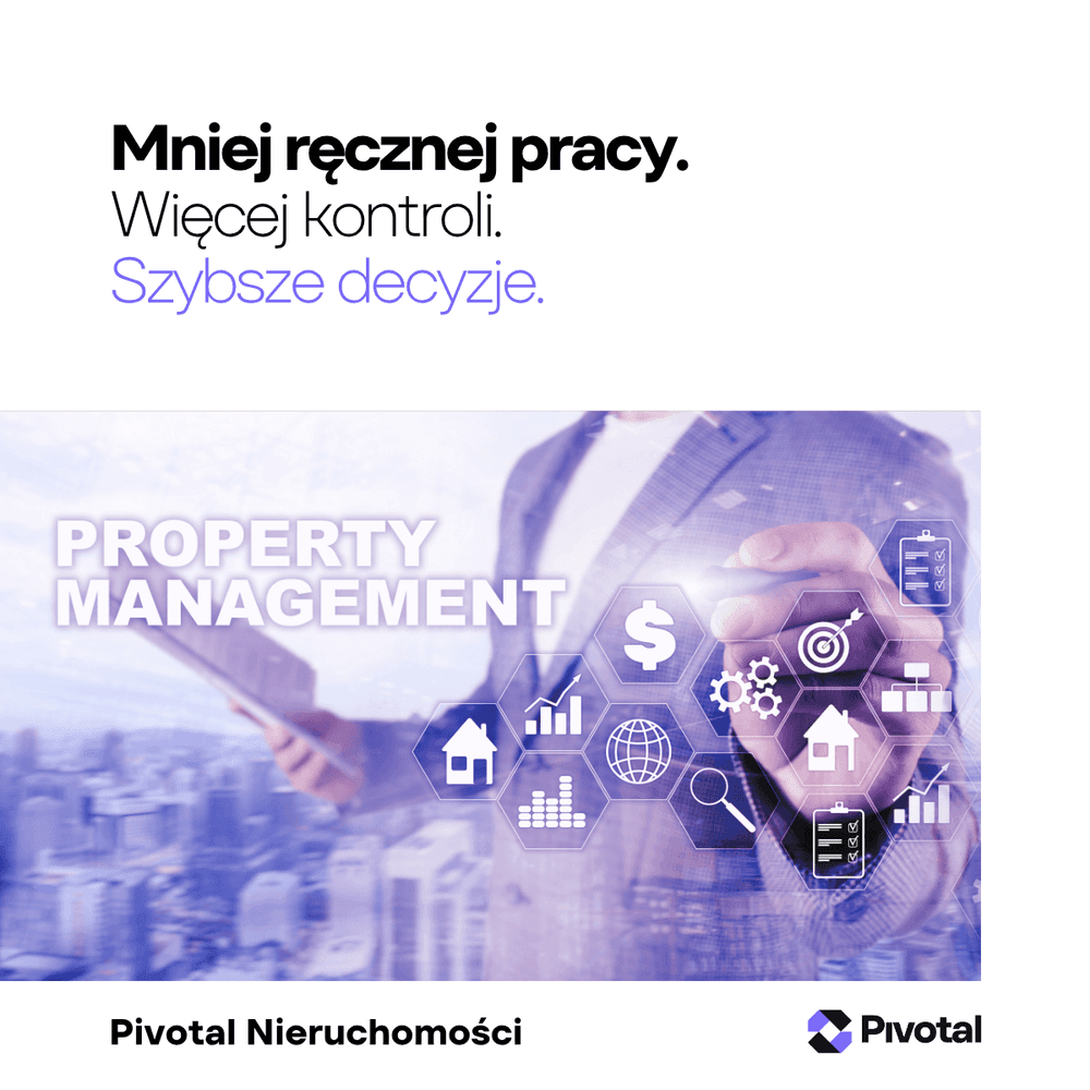 Grafika przedstawiająca cyfrowe zarządzanie nieruchomościami i automatyzację procesów deweloperskich. Hasła: „Mniej ręcznej pracy. Więcej kontroli. Szybsze decyzje.” oraz logo Pivotal Nieruchomości.