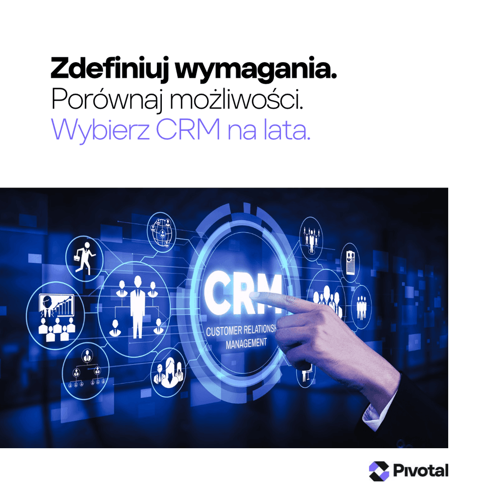 Grafika przedstawiająca interfejs systemu CRM z ikonami procesów biznesowych, klientów i sprzedaży oraz rękę wskazującą centralny panel zarządzania relacjami z klientami.