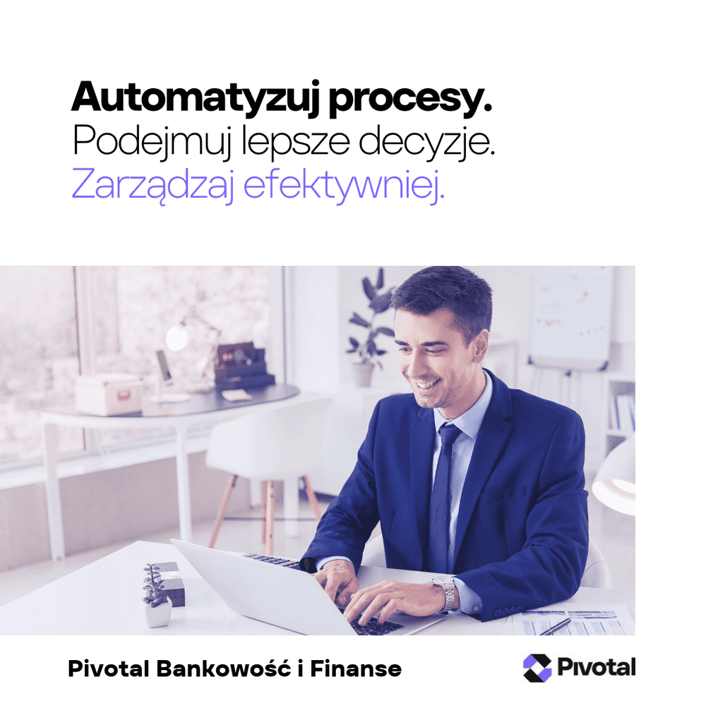 Pracownik korzystający z laptopa w biurze. Grafika promująca automatyzację procesów biznesowych, efektywne zarządzanie i lepsze podejmowanie decyzji w bankowości.